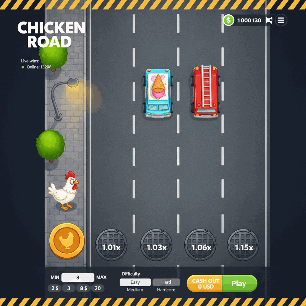Chicken Road game screen showing a cartoon chicken character at the starting position on the left sidewalk, preparing to cross a multi-lane road with visible lane dividers, manhole cover multiplier markers on each lane, and urban scenery including green trees and a street lamp